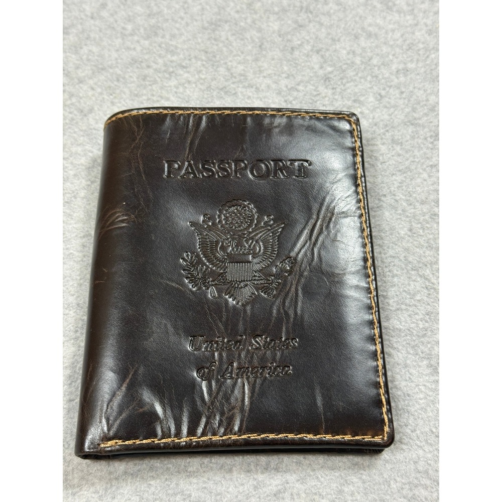 Fossil Dark Brown Leather US Passport Wallet Bifold ID Card Holder Travel Case